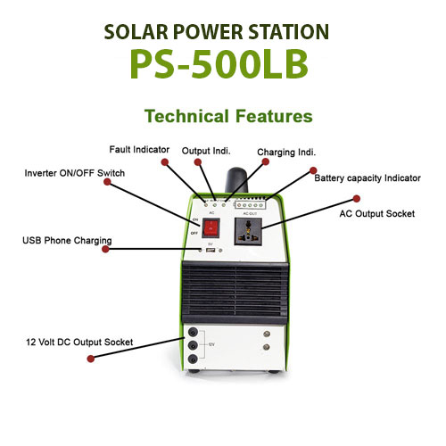 500VA Solar Power Station, with In-built 704WH Lithium-Battery, Portable, Model: PS-500LB