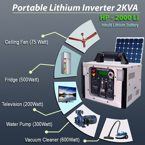 2KVA Solar Home Inverter with In-built Lithium Battery, Portable, Model: HP-2000 Li