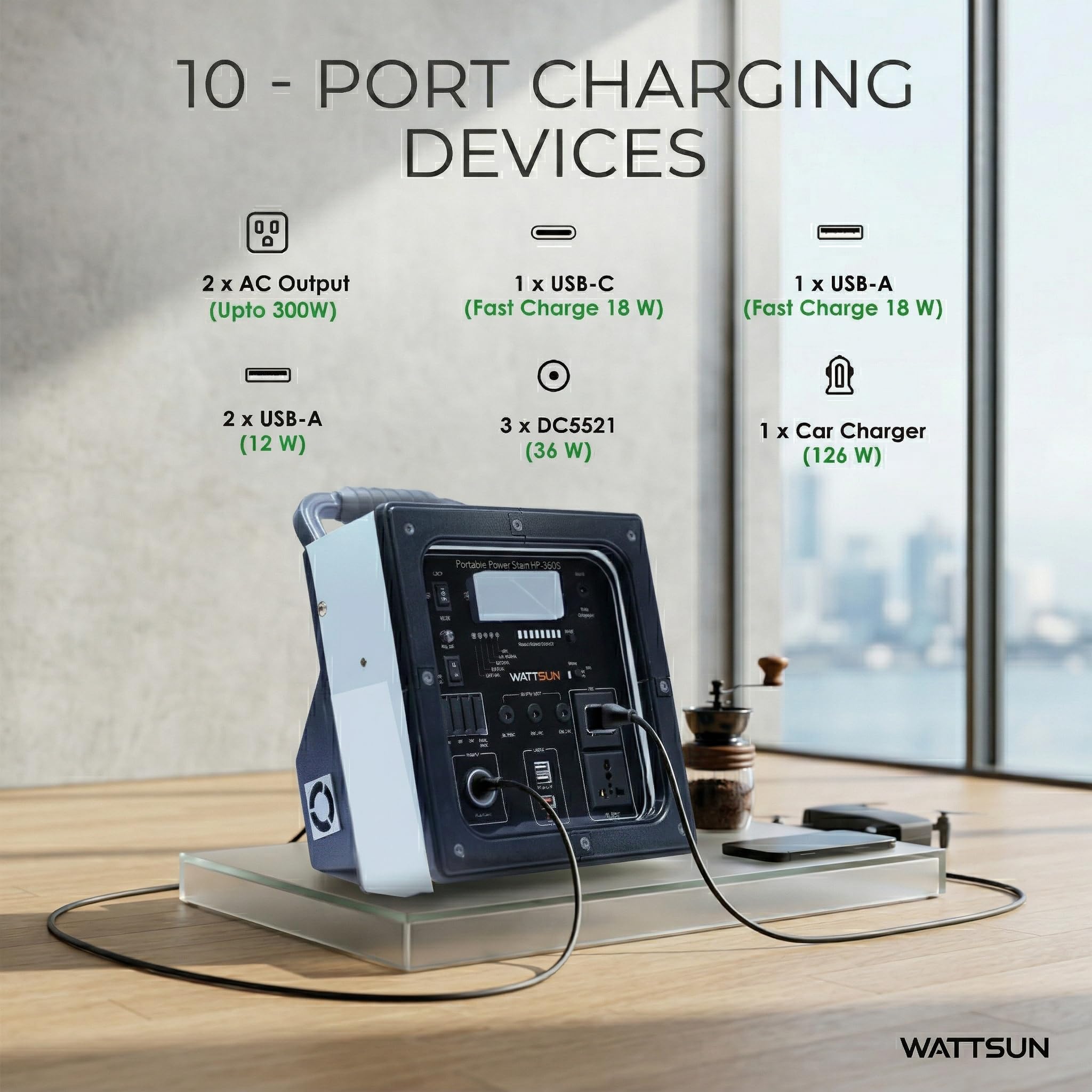 Wattsun 650 WATT Portable Power Station | Inbuilt 268.8 Wh Li-Battery | 10 Output Ports | Weight 5.4 kg | IP 32 Water Protection | 3 years Warranty | Inbuilt 15W Light | For Outdoor Activities & Home